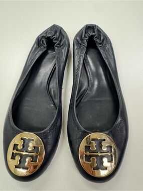 Tory Burch Black Leather Ballet Flats with Gold Logo